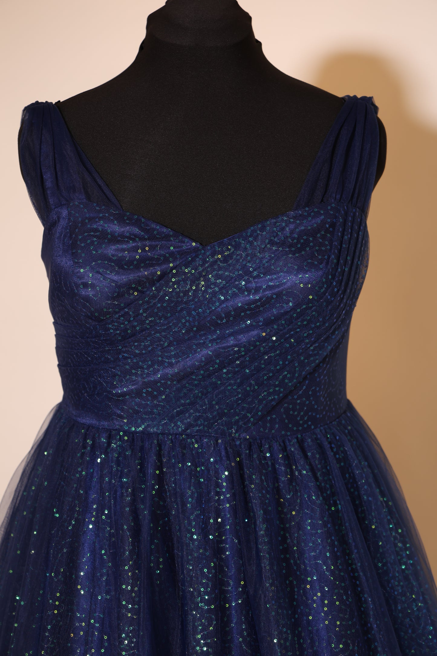 Second Hand glitzerndes Tüllkleid mit Rückenschnürung, dunkelblau