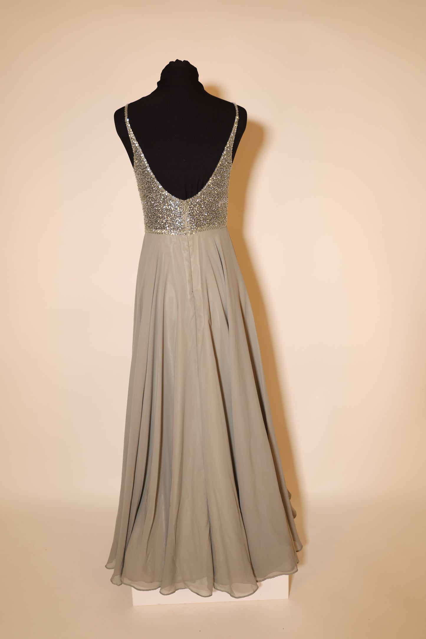 Second Hand elegantes Chiffonkleid mit Glitzeroberteil, oliv