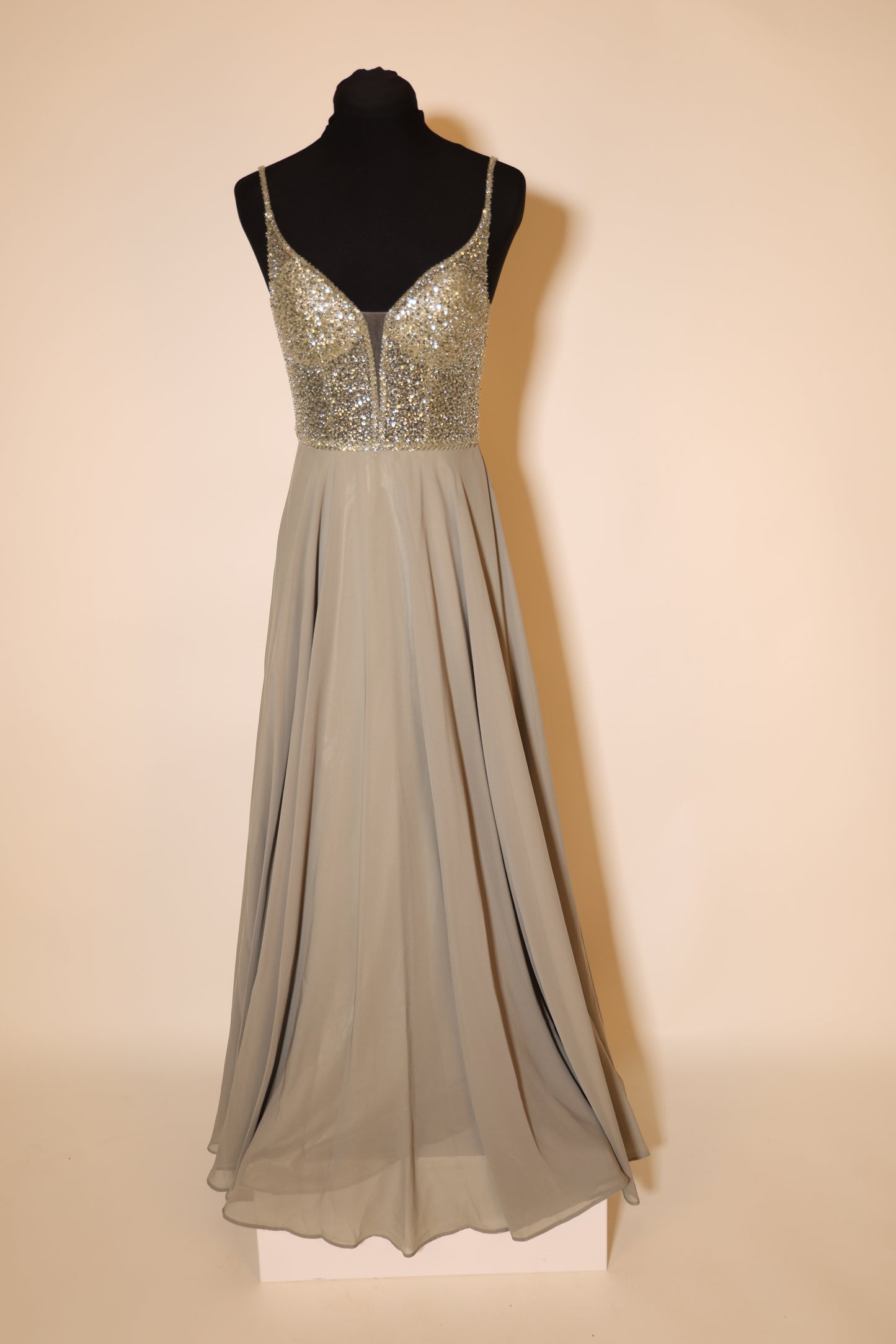 Second Hand elegantes Chiffonkleid mit Glitzeroberteil, oliv