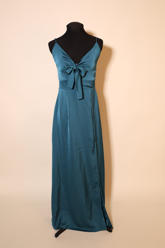 Second Hand weich fallendes Satinkleid mit eleganter Schleife, petrol