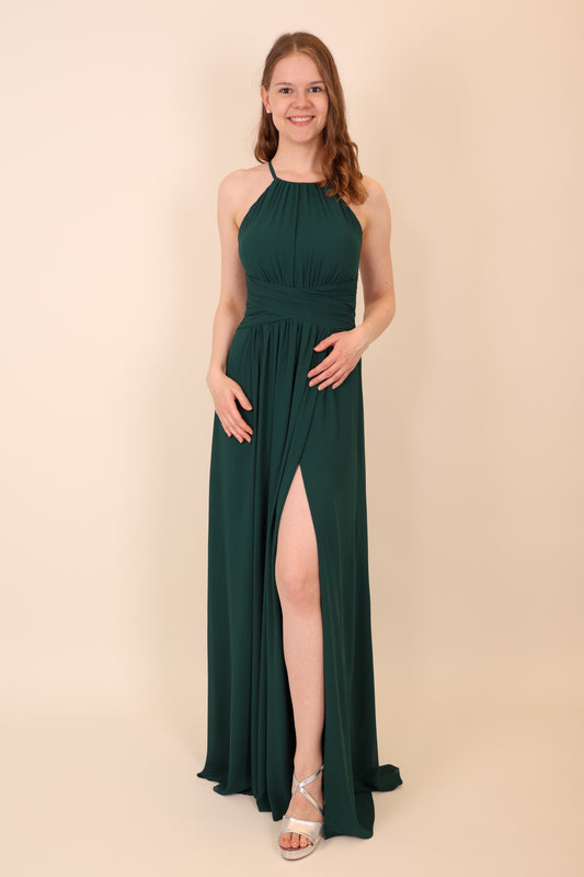 Abendkleid mit Schlitz & amerikanischem Ausschnitt, dunkelgrün