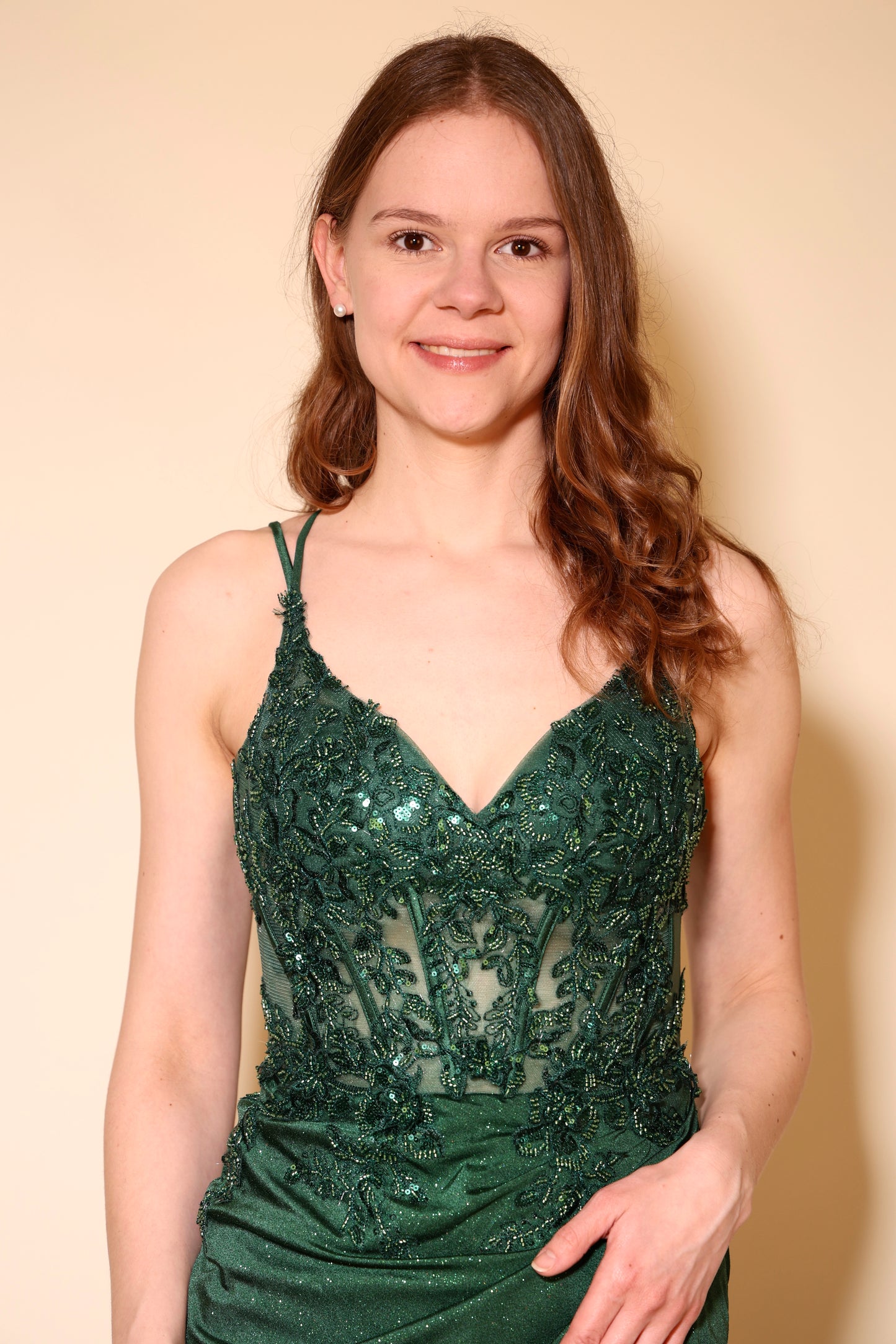 Glitzer-Abendkleid mit Corsage, Schnürung & Schlitz, dunkelgrün