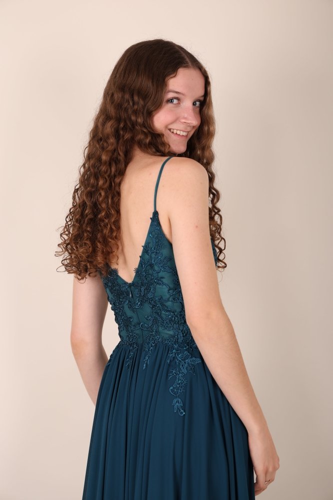 Ballkleid – elegantes langes Chiffonkleid mit feiner Spitze, petrol - Dein Kleiderladen