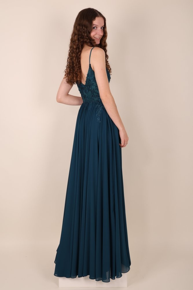 Ballkleid – elegantes langes Chiffonkleid mit feiner Spitze, petrol - Dein Kleiderladen