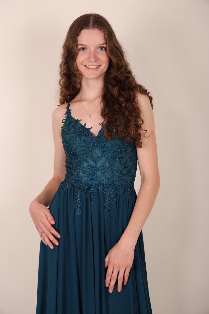 Ballkleid – elegantes langes Chiffonkleid mit feiner Spitze, petrol - Dein Kleiderladen