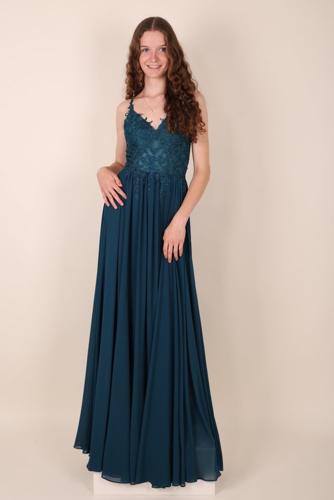Ballkleid – elegantes langes Chiffonkleid mit feiner Spitze, petrol - Dein Kleiderladen