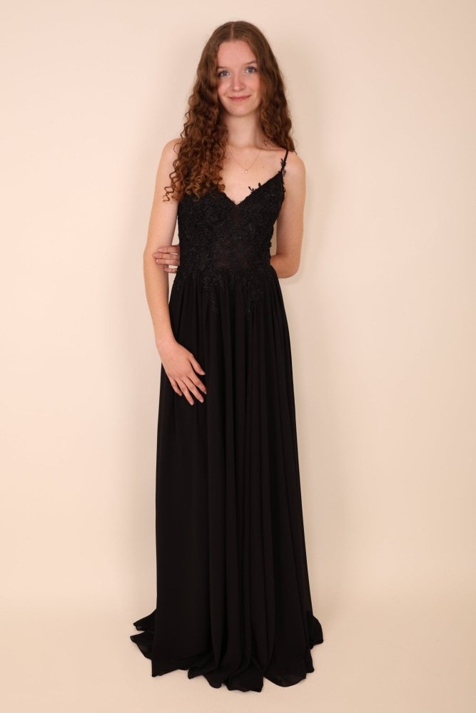 Ballkleid – elegantes langes Chiffonkleid mit feiner Spitze, schwarz - Dein Kleiderladen