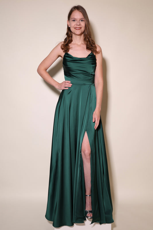 Langes Satin-Abendkleid mit Schlitz und Schnürung, dunkelgrün