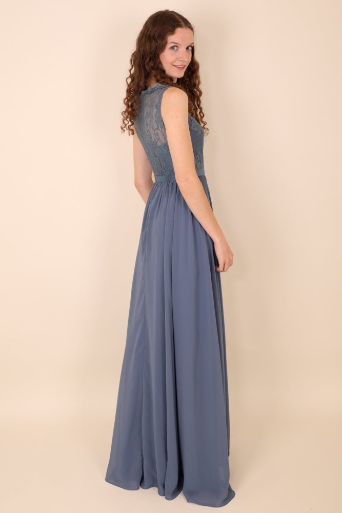 A - linien Abendkleid mit Spitze & amerikanischem Ausschnitt, graublau - Dein Kleiderladen