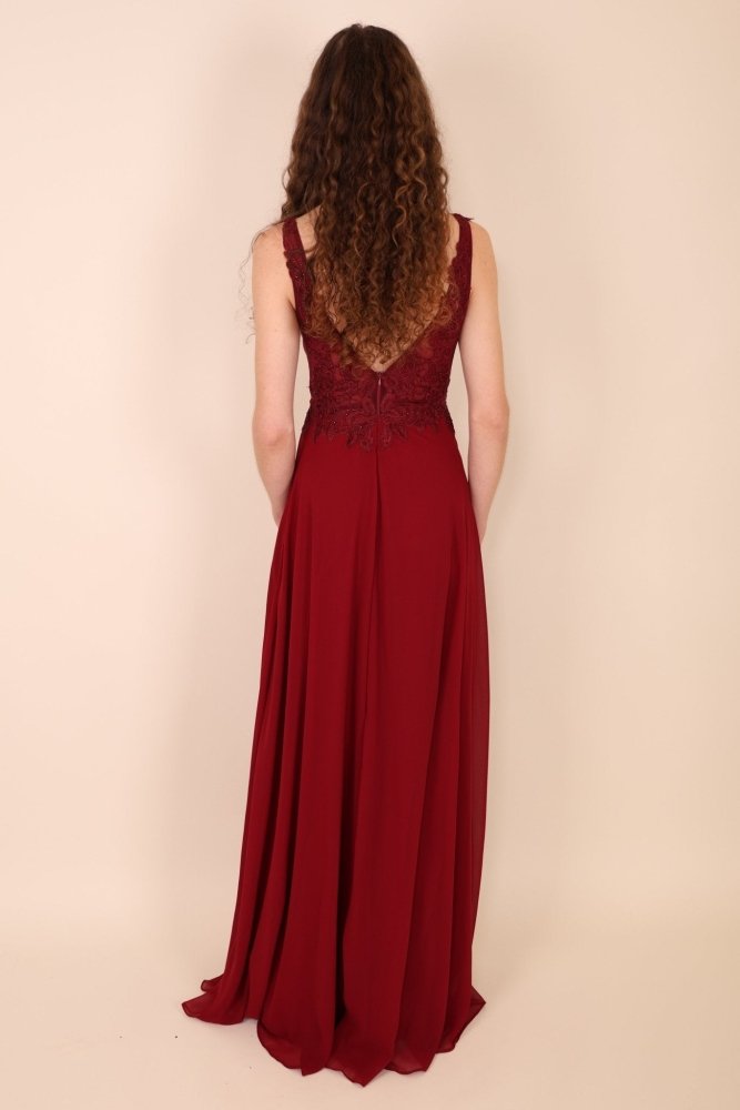Abendkleid mit floraler Spitze und Schlitz, dunkelrot - Dein Kleiderladen