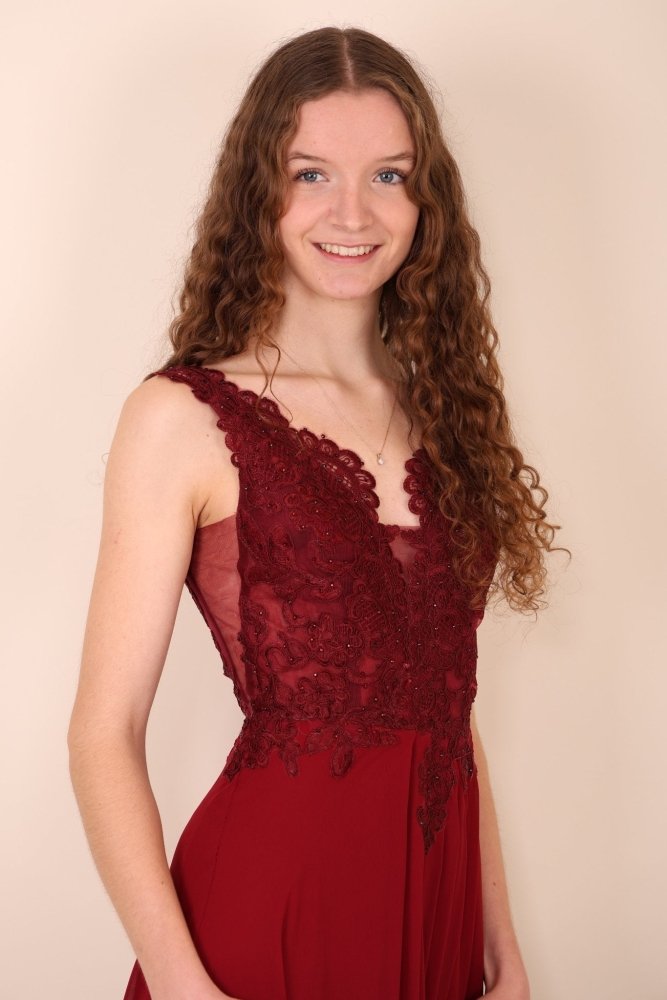 Abendkleid mit floraler Spitze und Schlitz, dunkelrot - Dein Kleiderladen