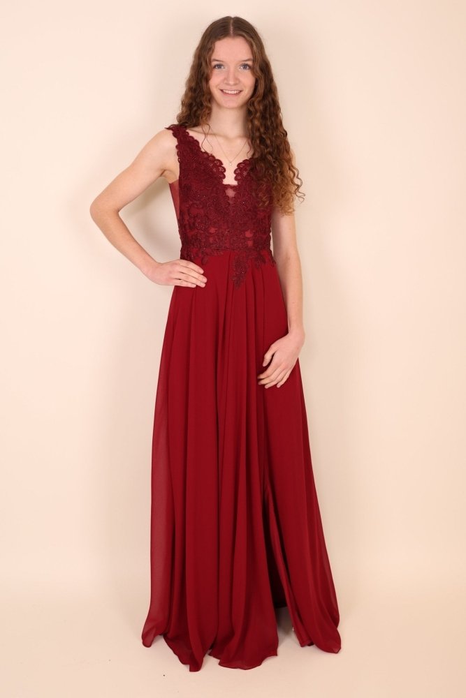 Abendkleid mit floraler Spitze und Schlitz, dunkelrot - Dein Kleiderladen