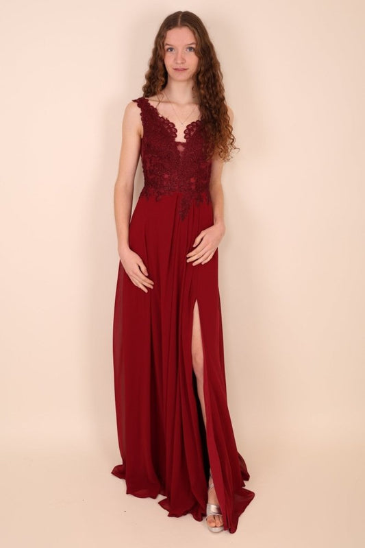 Abendkleid mit floraler Spitze und Schlitz, dunkelrot - Dein Kleiderladen