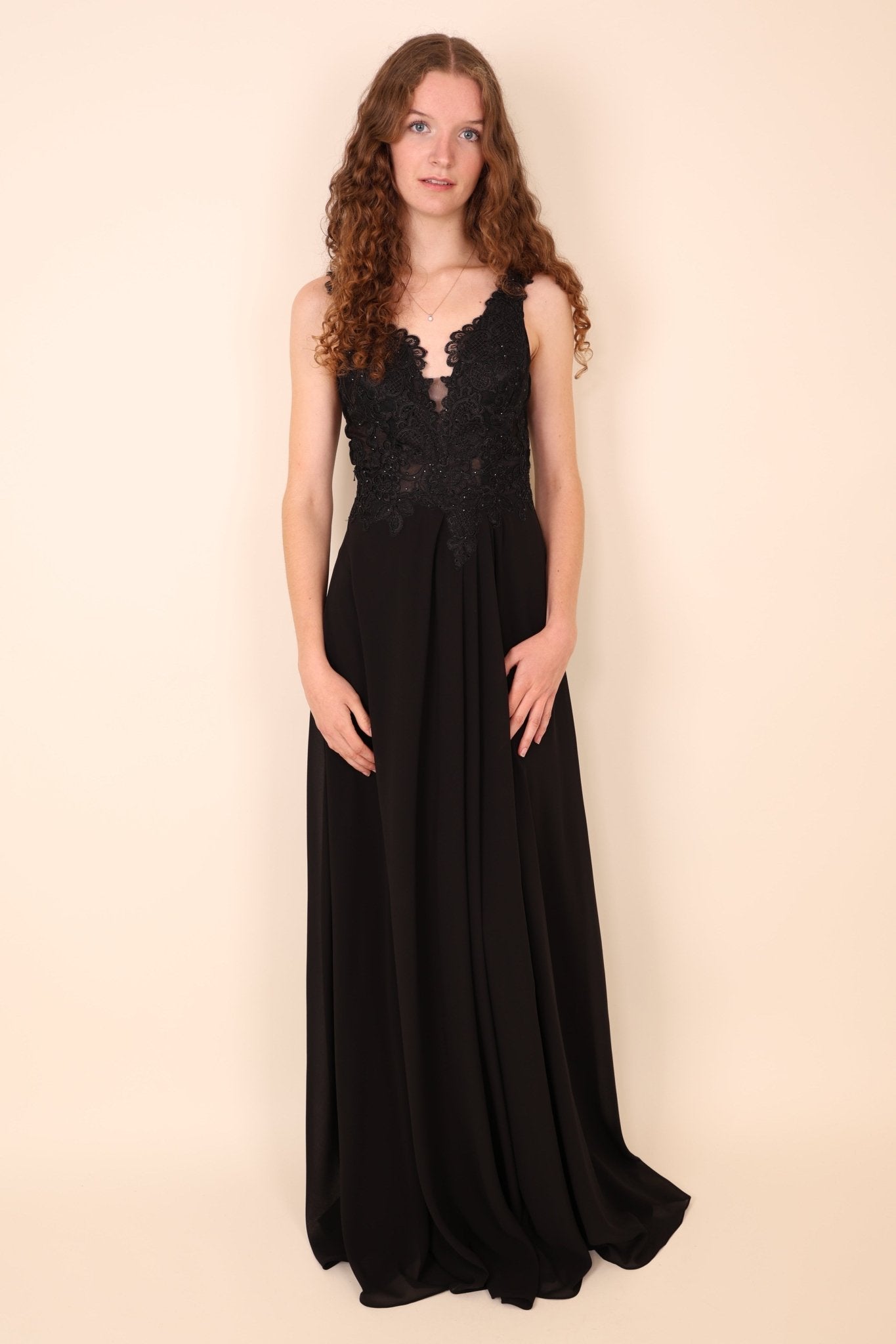 Abendkleid mit floraler Spitze und Schlitz, schwarz - Dein Kleiderladen