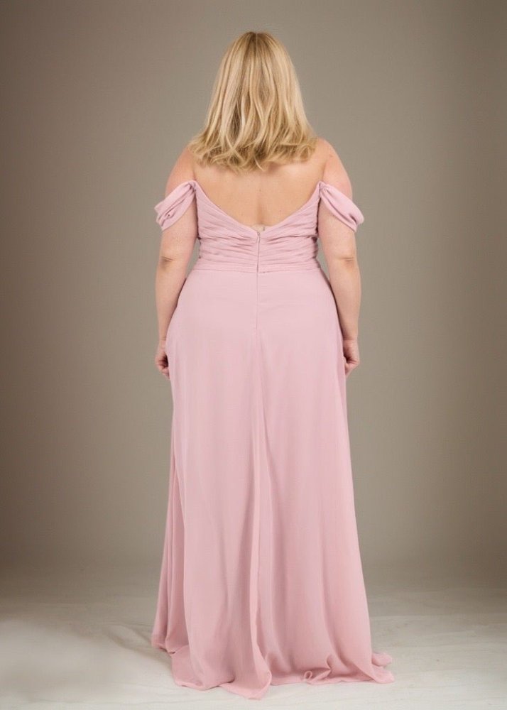 Abendkleid mit Raffungen und Carmen - Ausschnitt, rosa - Dein Kleiderladen