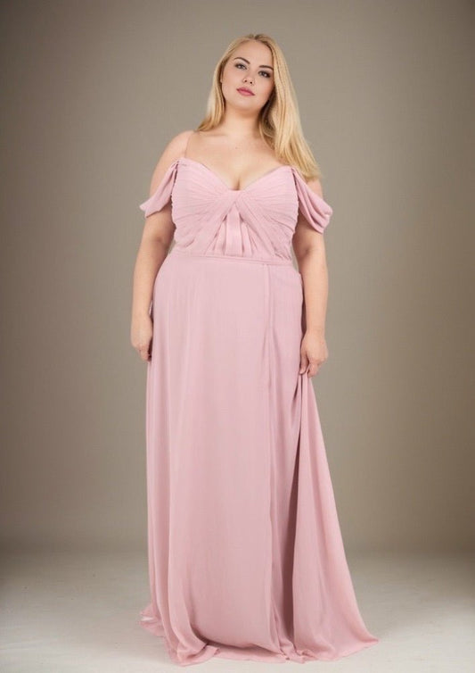 Abendkleid mit Raffungen und Carmen - Ausschnitt, rosa - Dein Kleiderladen