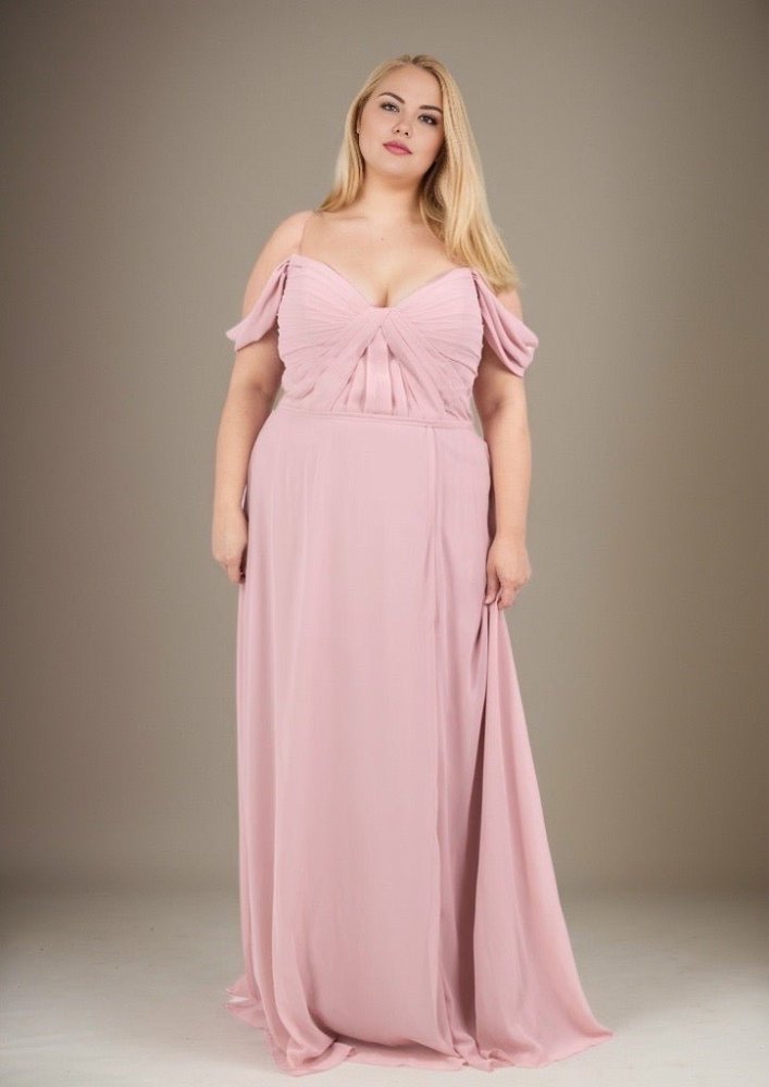Abendkleid mit Raffungen und Carmen - Ausschnitt, rosa - Dein Kleiderladen