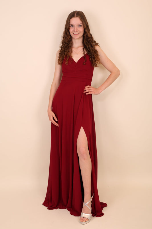Abendkleid mit Raffungen und Schlitz, dunkelrot - Dein Kleiderladen