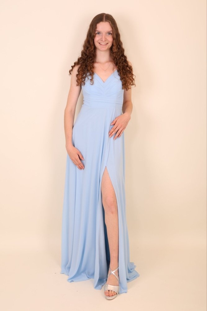 Abendkleid mit Raffungen und Schlitz, hellblau - Dein Kleiderladen