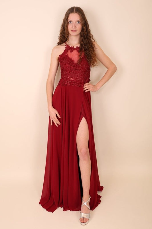 Abendkleid mit Rundhals - Ausschnitt, dunkelrot - Dein Kleiderladen