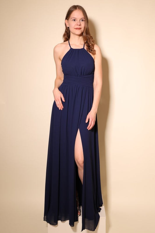 Abendkleid mit Schlitz & amerikanischem Ausschnitt, dunkelblau - Dein Kleiderladen