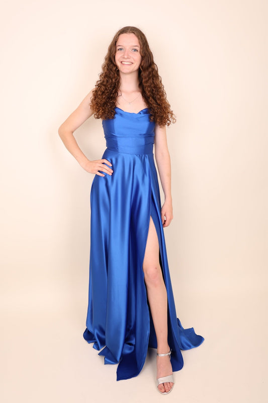 Abendkleid mit Schnürung, Wasserfallausschnitt und hohem Beinschlitz, royalblau - Dein Kleiderladen