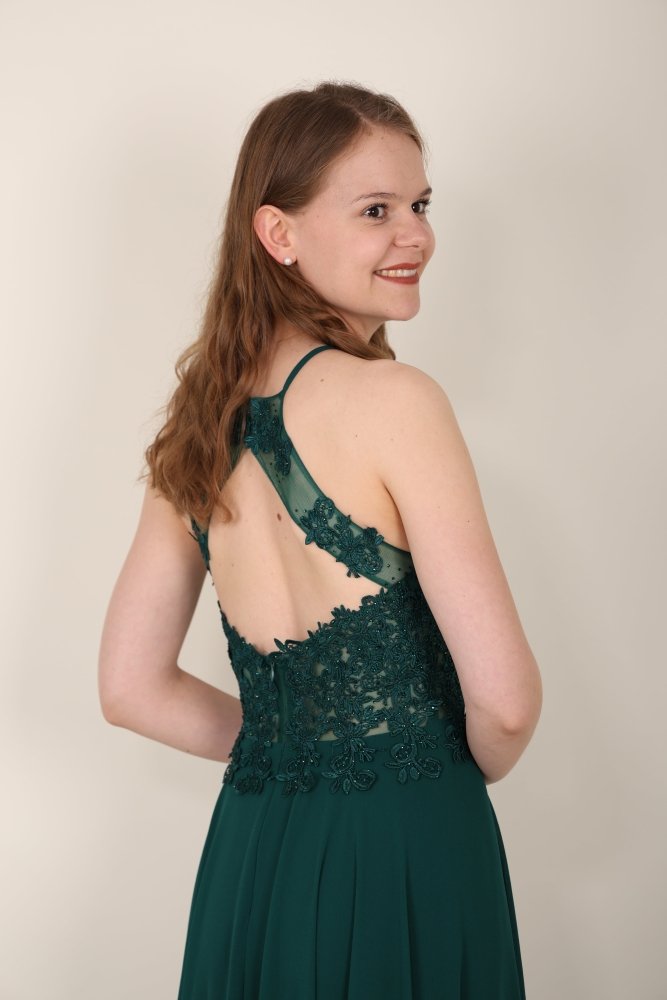Abendkleid mit Spitzenoberteil, Neckholder & Schlitz, dunkelgrün - Dein Kleiderladen