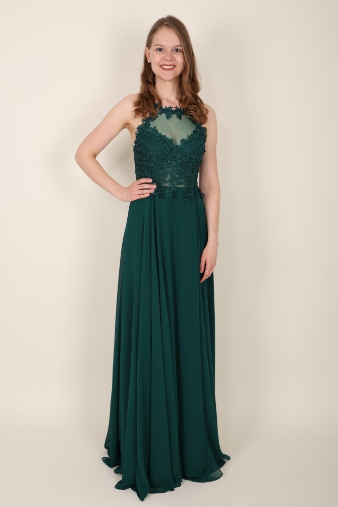 Abendkleid mit Spitzenoberteil, Neckholder & Schlitz, dunkelgrün - Dein Kleiderladen