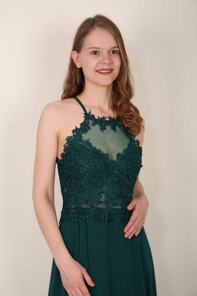 Abendkleid mit Spitzenoberteil, Neckholder & Schlitz, dunkelgrün - Dein Kleiderladen