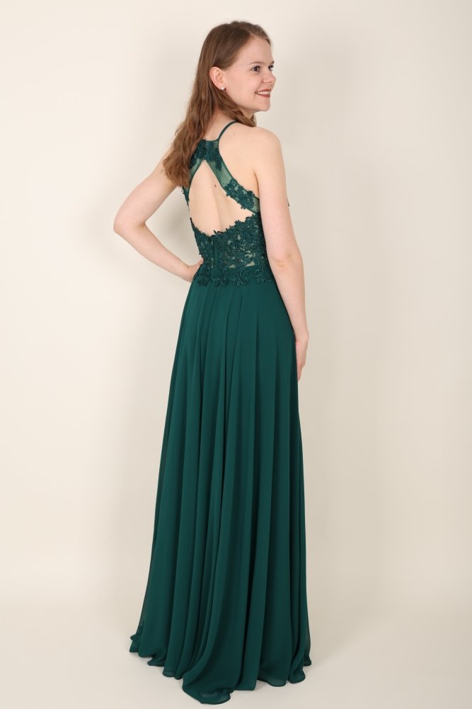 Abendkleid mit Spitzenoberteil, Neckholder & Schlitz, dunkelgrün - Dein Kleiderladen