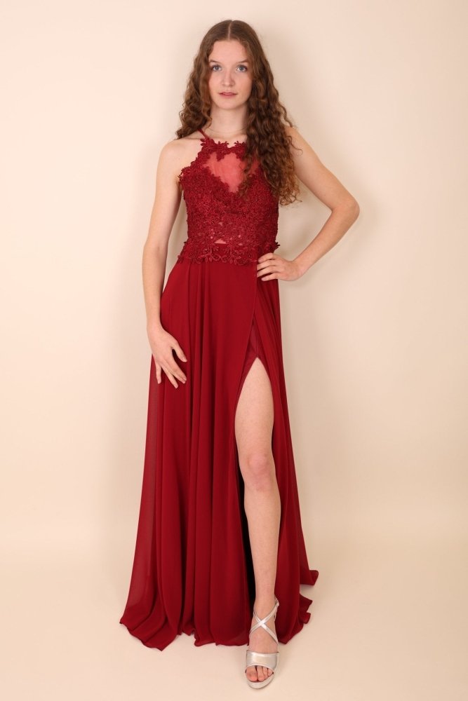Abendkleid mit Spitzenoberteil, Neckholder & Schlitz, dunkelrot - Dein Kleiderladen