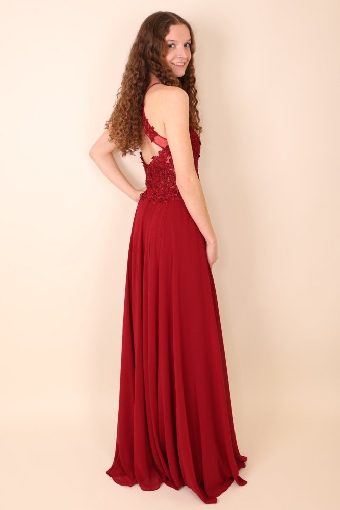 Abendkleid mit Spitzenoberteil, Neckholder & Schlitz, dunkelrot - Dein Kleiderladen
