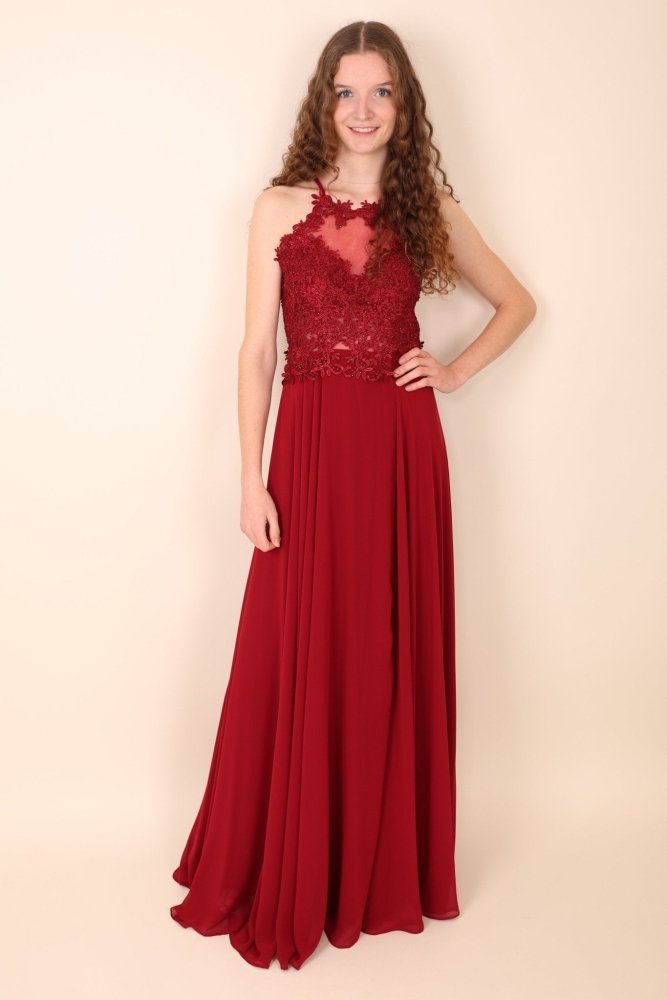 Abendkleid mit Spitzenoberteil, Neckholder & Schlitz, dunkelrot - Dein Kleiderladen