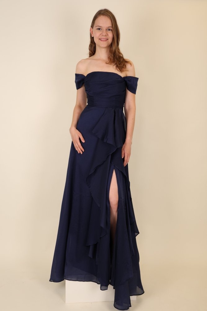 Abendkleid mit variablen Trägern, Volants und Schlitz, dunkelblau - Dein Kleiderladen