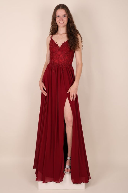 Ballkleid - Elegantes, langes Chiffonkleid mit feiner Spitze, bordeaux - Dein Kleiderladen