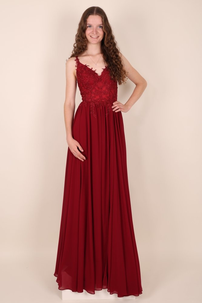 Ballkleid - Elegantes, langes Chiffonkleid mit feiner Spitze, bordeaux - Dein Kleiderladen