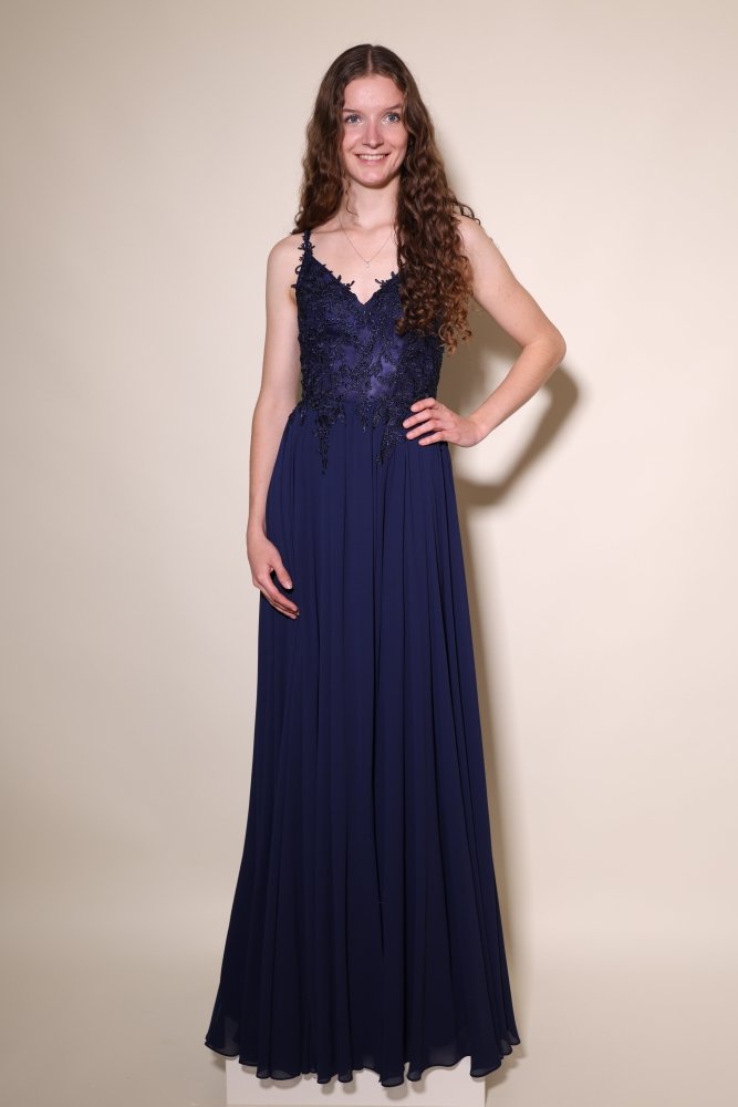 Ballkleid – elegantes langes Chiffonkleid mit feiner Spitze, dunkelblau - Dein Kleiderladen