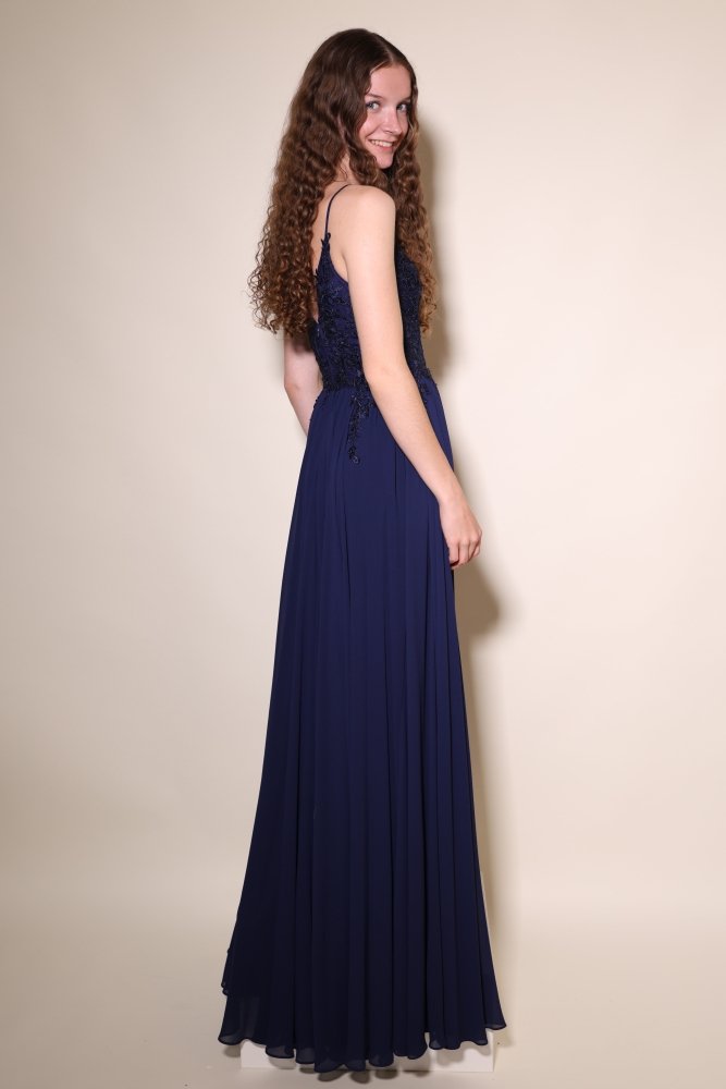 Ballkleid – elegantes langes Chiffonkleid mit feiner Spitze, dunkelblau - Dein Kleiderladen