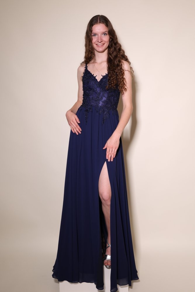 Ballkleid – elegantes langes Chiffonkleid mit feiner Spitze, dunkelblau - Dein Kleiderladen