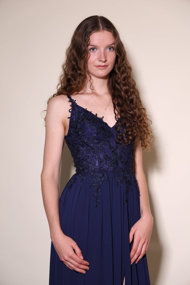 Ballkleid – elegantes langes Chiffonkleid mit feiner Spitze, dunkelblau - Dein Kleiderladen