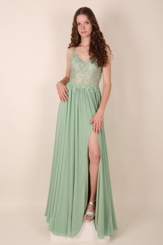 Ballkleid - Elegantes, langes Chiffonkleid mit feiner Spitze, hellgrün - Dein Kleiderladen