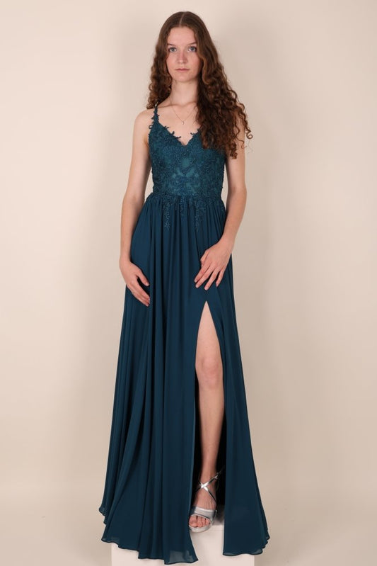 Ballkleid - Elegantes, langes Chiffonkleid mit feiner Spitze, petrol - Dein Kleiderladen