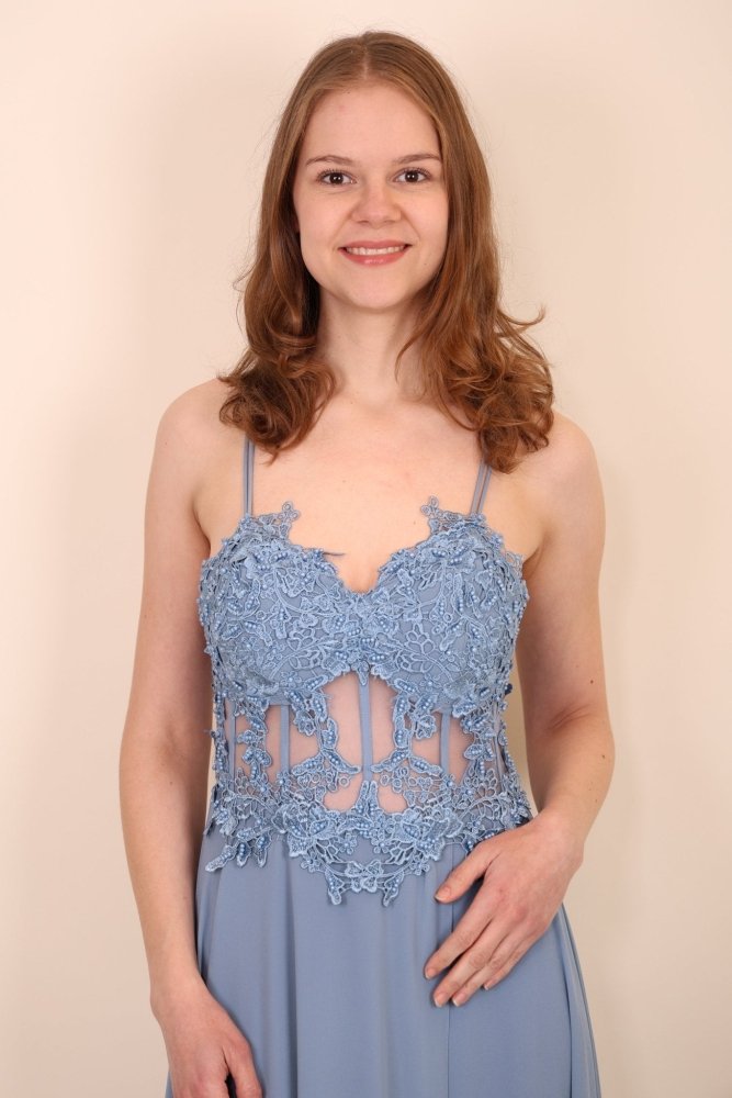 Ballkleid mit besticktem Korsett und Schlitz, graublau - Dein Kleiderladen