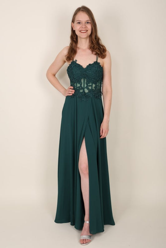 Ballkleid mit besticktem Korsett und Schlitz, dunkelgrün - Dein Kleiderladen