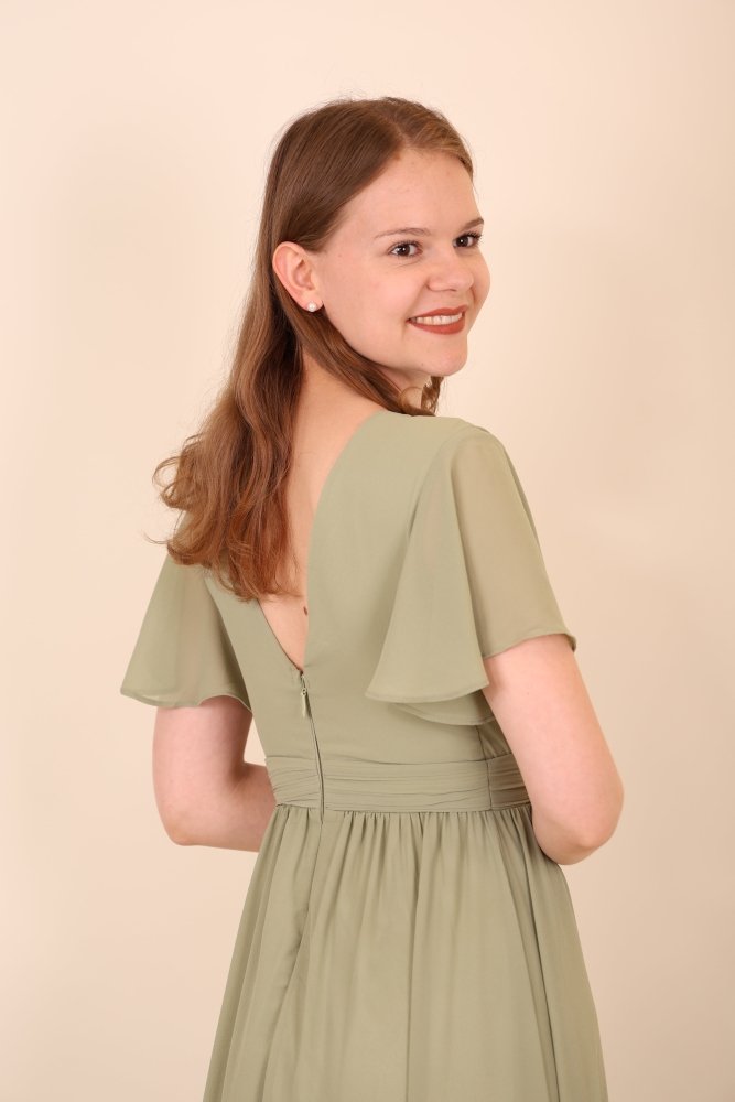 Ballkleid mit kurzen Ärmeln & V - Ausschnitt, oliv - Dein Kleiderladen