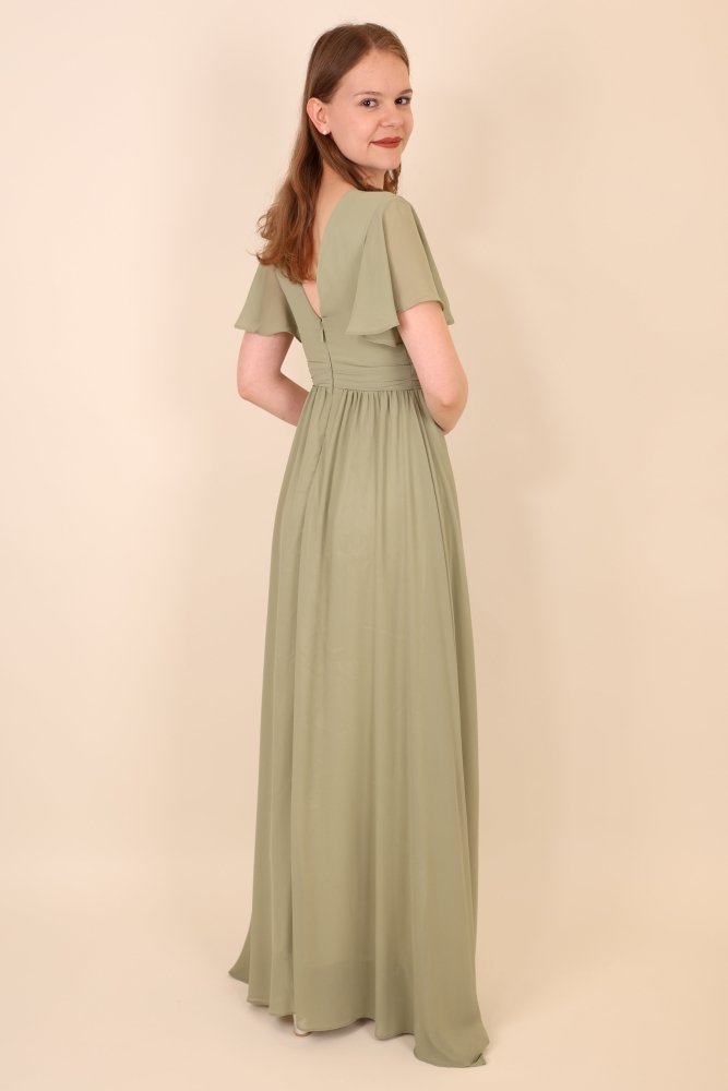 Ballkleid mit kurzen Ärmeln & V - Ausschnitt, oliv - Dein Kleiderladen