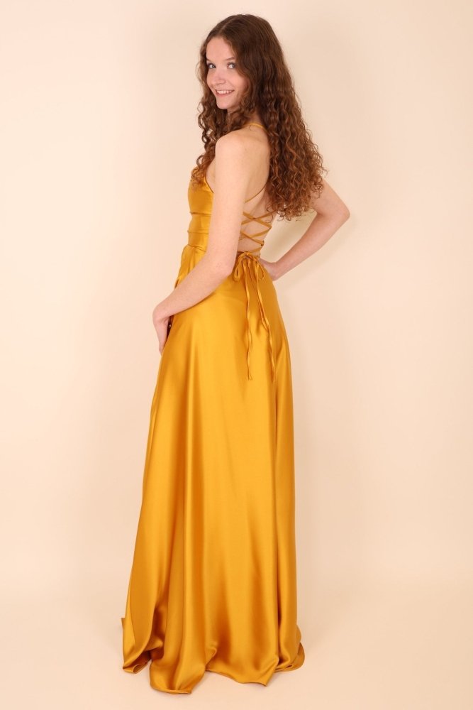 Ballkleid - Satin mit Schnürung, Schlitz und Wasserfallausschnitt, gold - Dein Kleiderladen