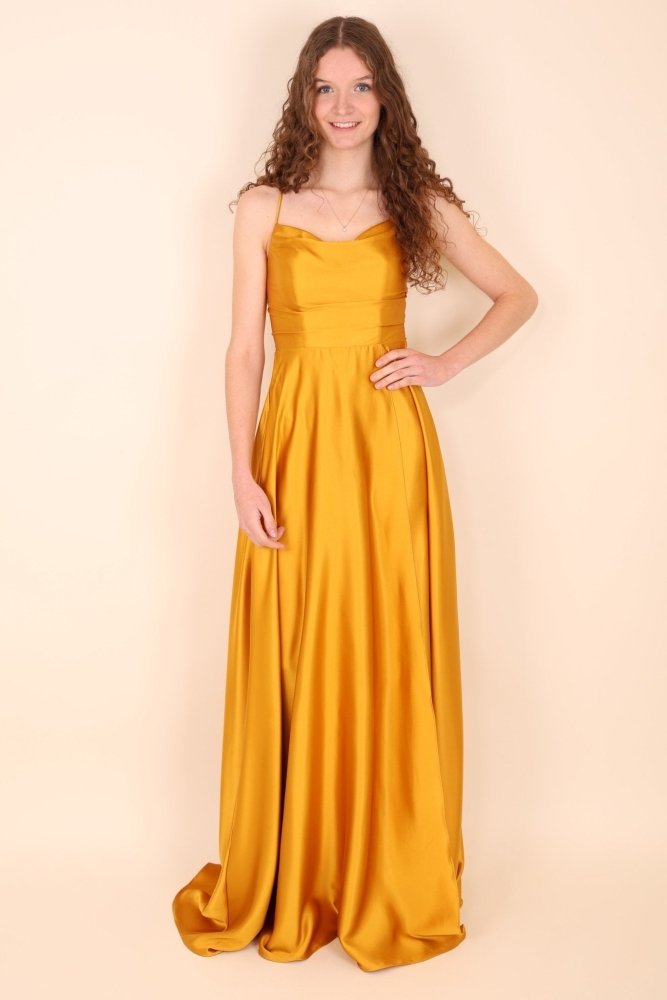 Ballkleid - Satin mit Schnürung, Schlitz und Wasserfallausschnitt, gold - Dein Kleiderladen