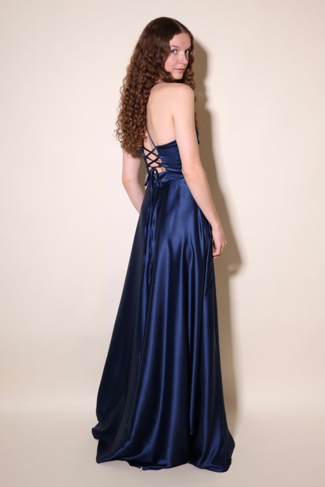 Ballkleid - Satin mit Schnürung und Schlitz, marineblau - Dein Kleiderladen