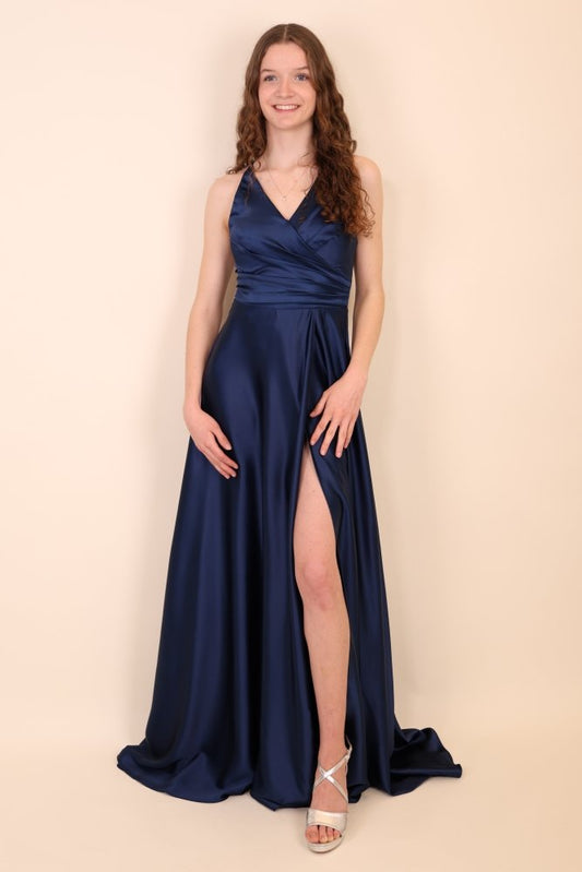 Ballkleid - Satin mit Schnürung und Schlitz, marineblau - Dein Kleiderladen
